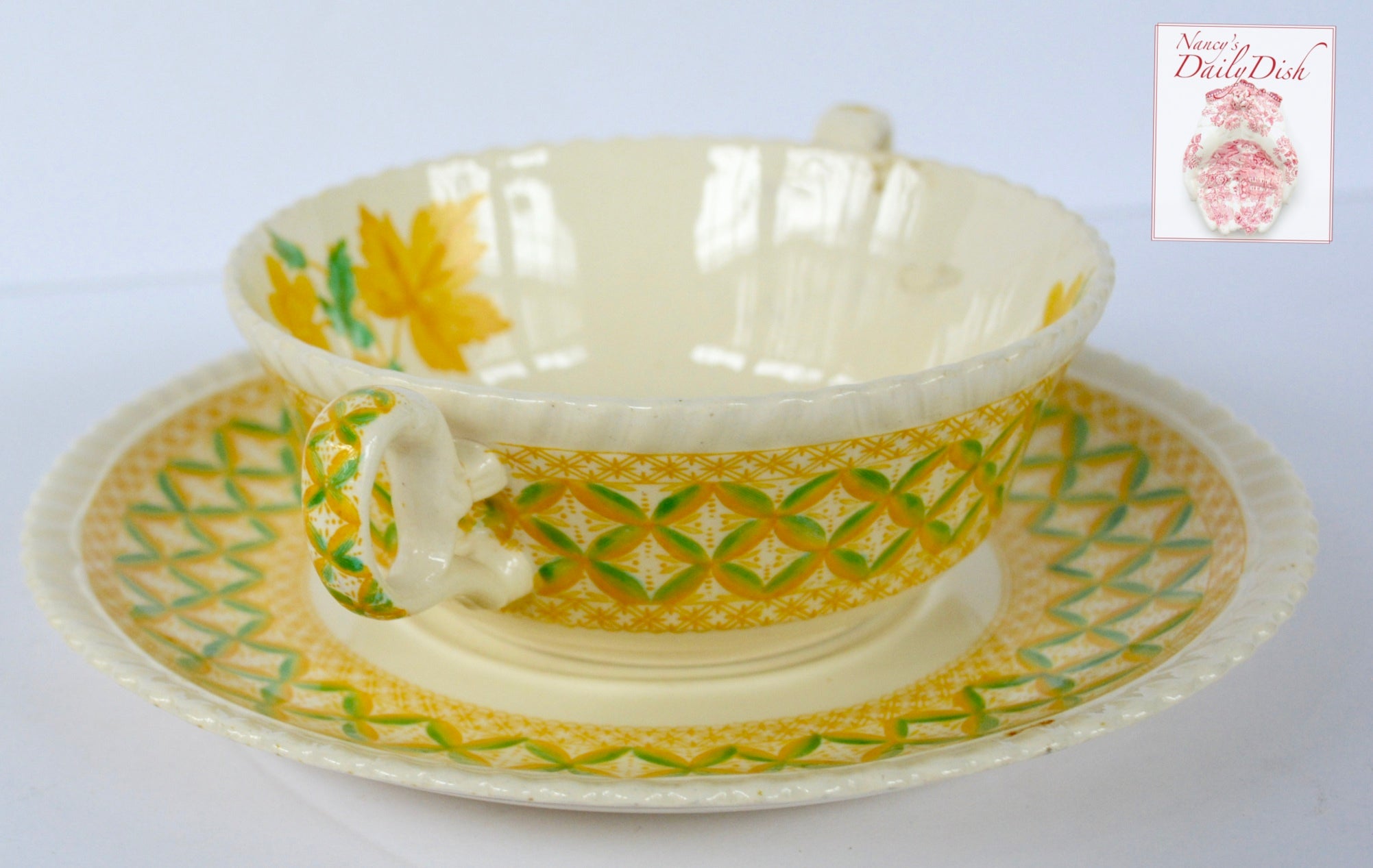 Yellow Transferware Dual Handled Cream Soup Bowl & Plate Spode Copelan
