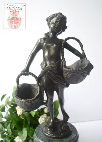 Vintage Bronze Little Girl Figurine / Statue on Green Marble Base Carr