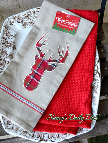 Tartan Plaid Applique Deer Head Farmhouse Kitchen Dish Tea Towel Set of 2 Christmas