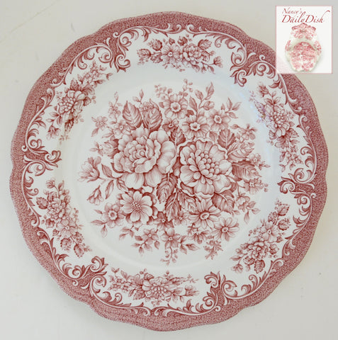 Vintage Country French Red Toile Pink Transferware Salad Plate Cabbage Roses Daisies