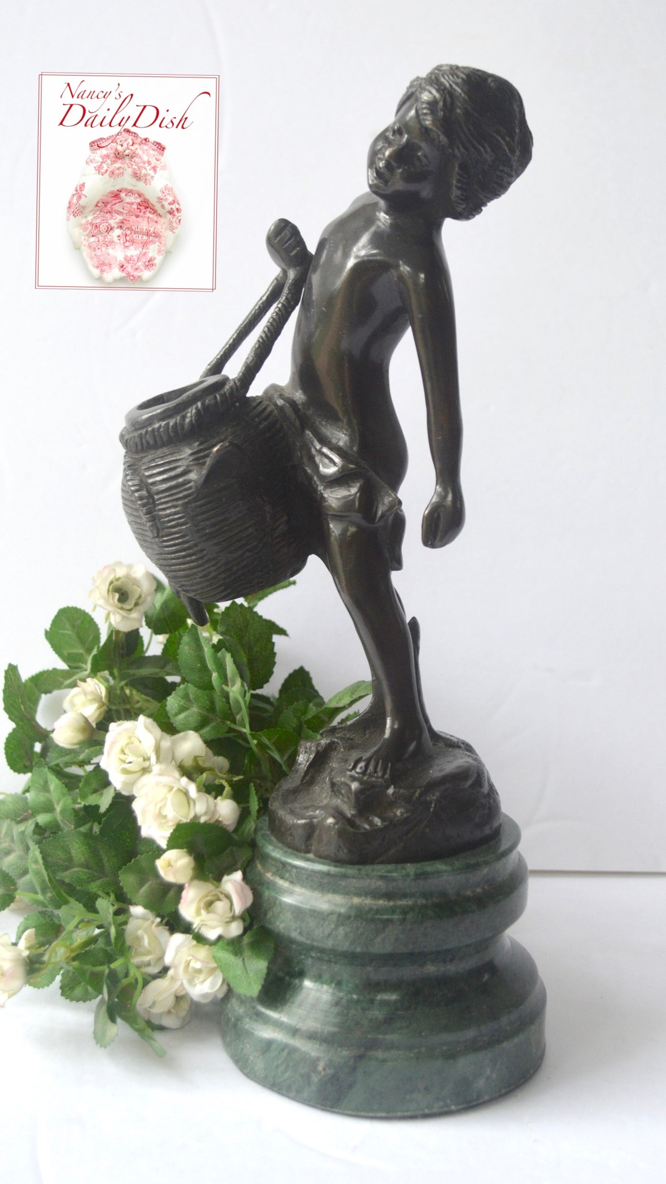 Vintage Bronze Boy Figurine / Statue on Green Marble Pedestal Base Car