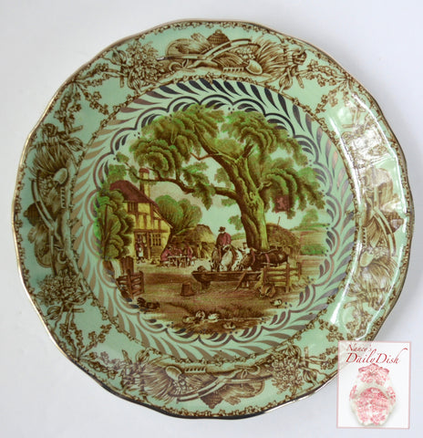 EXTREMELY RARE A J Wilkinson Rural Scenes Brown Transferware 8" Scalloped Fluted Plate w/ Silver / Platinum Overlay Hunt Scene Cottage Horse Farm Cows