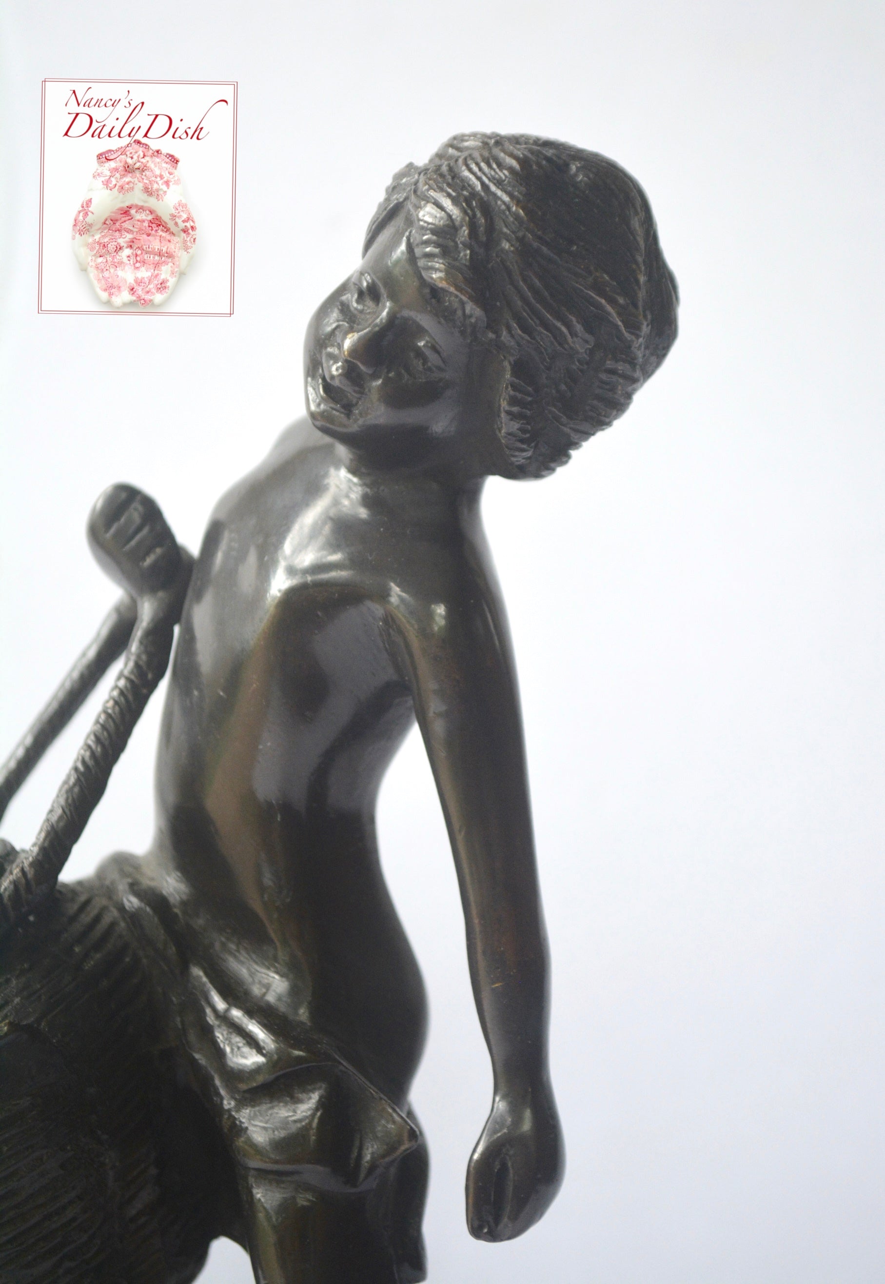 Vintage Bronze Boy Figurine / Statue on Green Marble Pedestal Base Car