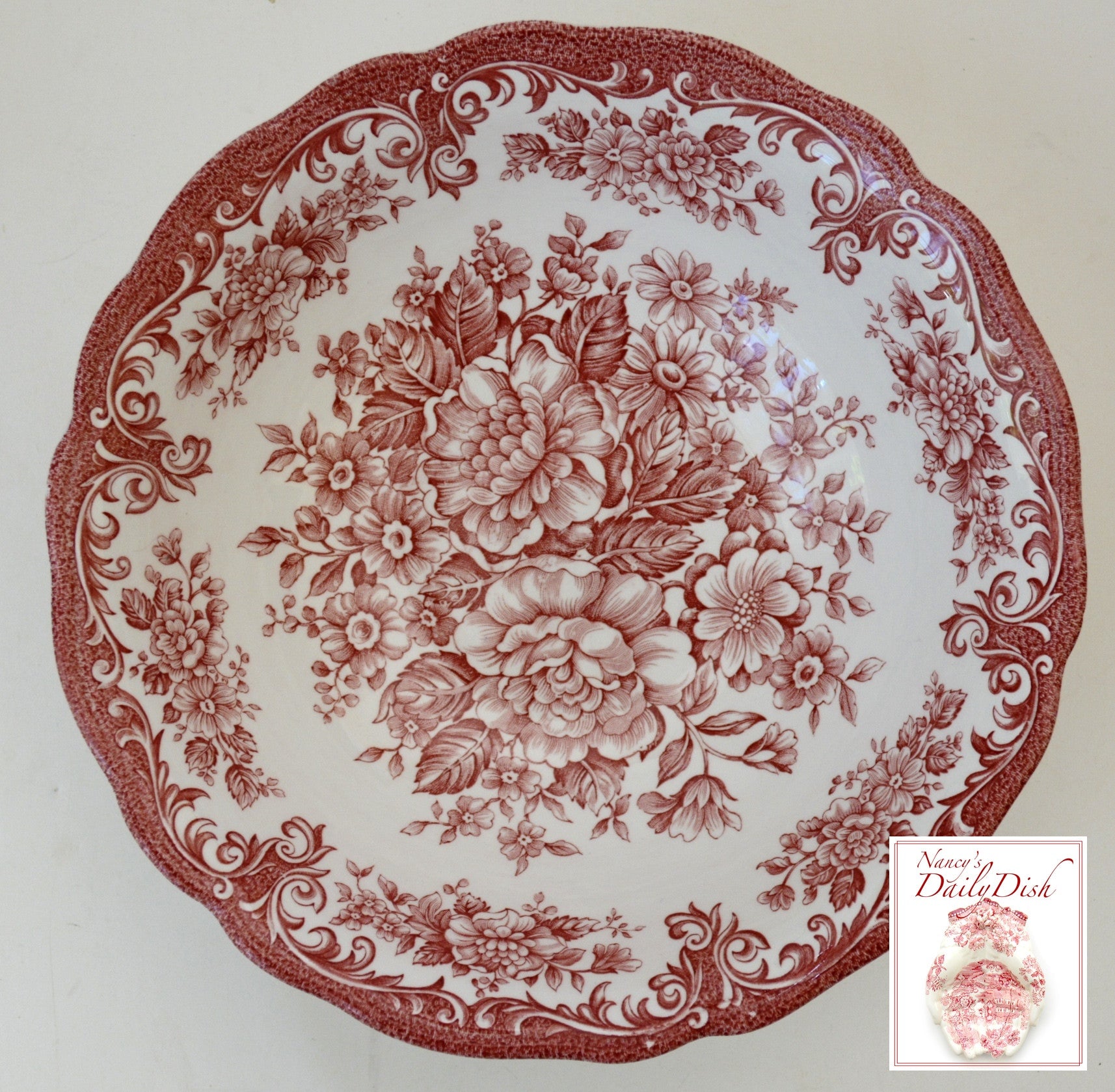 Vintage English Red Toile Pink Transferware Cereal / Salad Bowl Cabbag