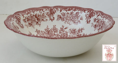Vintage English Red Toile Pink Transferware Cereal / Salad Bowl Cabbage Roses Daisies
