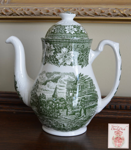 Vintage Green Toile Coffee Pot Teapot Travelers Horses Roses