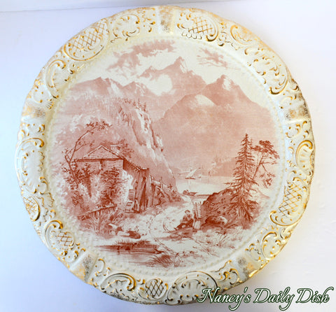 ENORMOUS Antique Red -dish / Brown Transferware Wall Plaque Charger Grindley Lake Lucerne