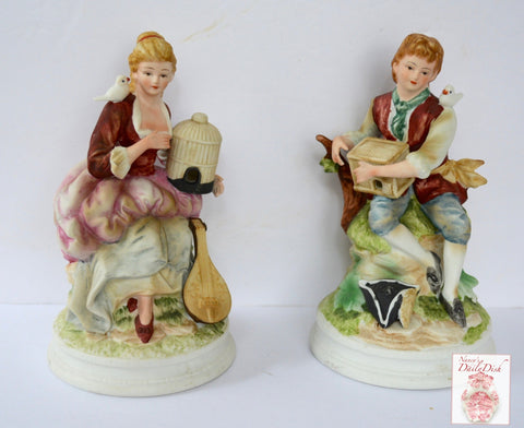 Antique Pair French Victorian Figurines Boy & Girl w/ Birds & Birdcages Hand Painted
