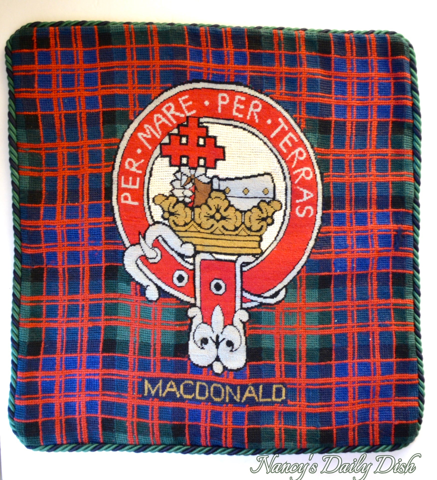 Clan Macdonald Scottish Tartan Plaid Coat of Arms & Motto Wool Needlep