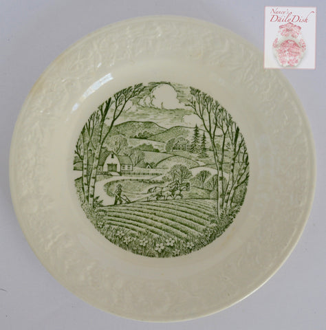 Green Transferware  Plate Relief Border Farming Ploughing the Field