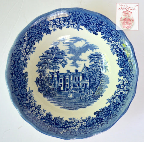 Vintage English Blue Toile Transferware Chequers Cereal / Salad Bowl Romantic England