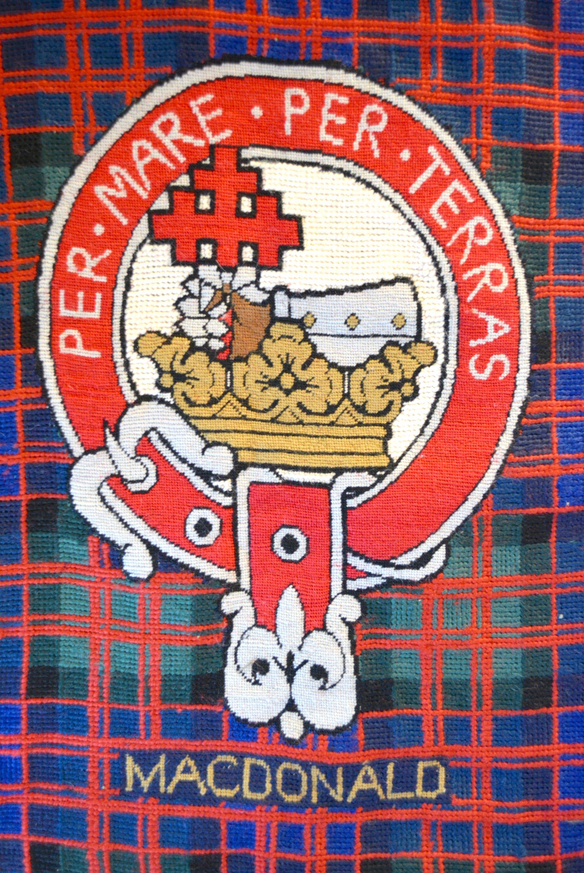 Clan Macdonald Scottish Tartan Plaid Coat of Arms & Motto Wool Needlep