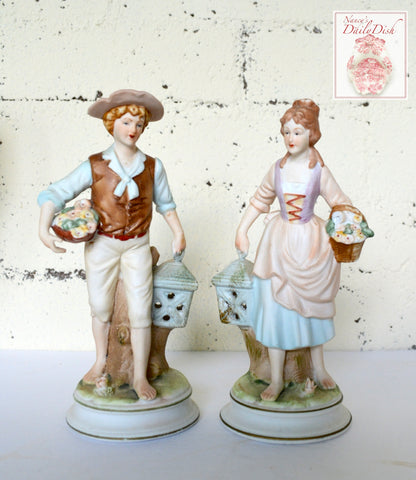 Antique Pair Figurines Boy & Girl w/ Baskets of Flowers Lanterns Birdcages Hand Painted