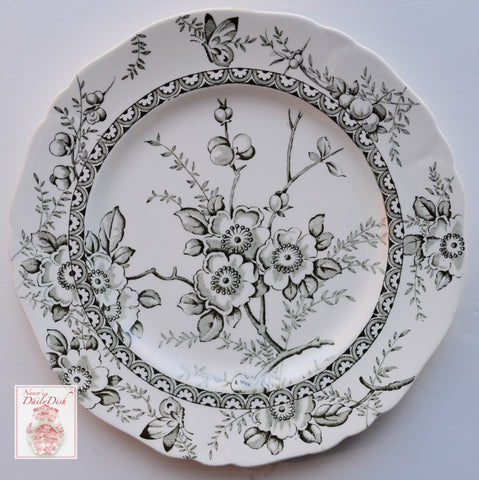 Green Toile English Transferware Plate Butterfly Flowers Berries Blossoms Dinner Size