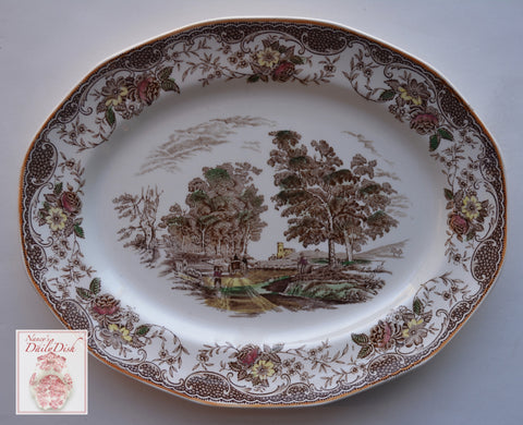Brown Transferware Toile Platter - Farmer Horse and Cart Pastoral Harvest Scene - Hand Painted Roses