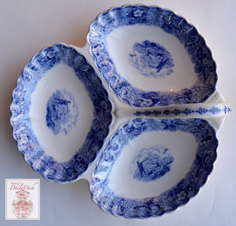 RARE Antique Spode Field Sports Blue Transferware 3 Section Hors D'oevres Handled Trefoil Relish Dish Tray English Hunt Scene