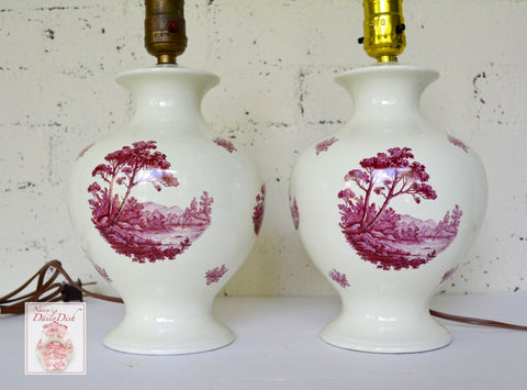 PAIR Antique Transferware Lamps River Trees & Mountains Wired & Work - Purple Pinkish