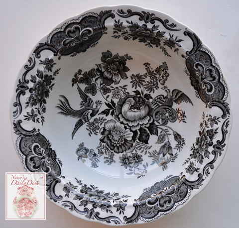 Vintage Black Toile English Transferware Cereal Soup Salad Bowl Birds Pheasants Flowers Butterfly Roses