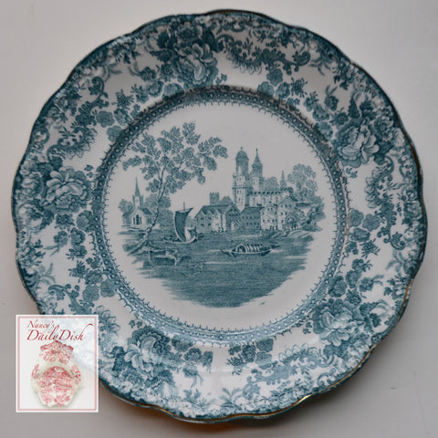 Antique Staffordshire China Teal English Transferware Dinner Plate Circa 1891 Roses Boats Church Togo