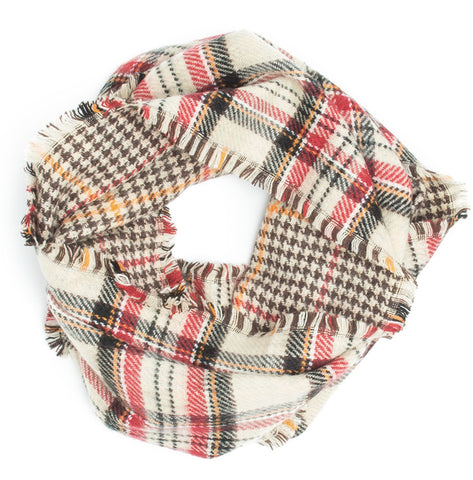 Cream Houndstooth & Plaid Reversible Oversized Table Runner Scarf Shawl - Extra Long Thick & Wide