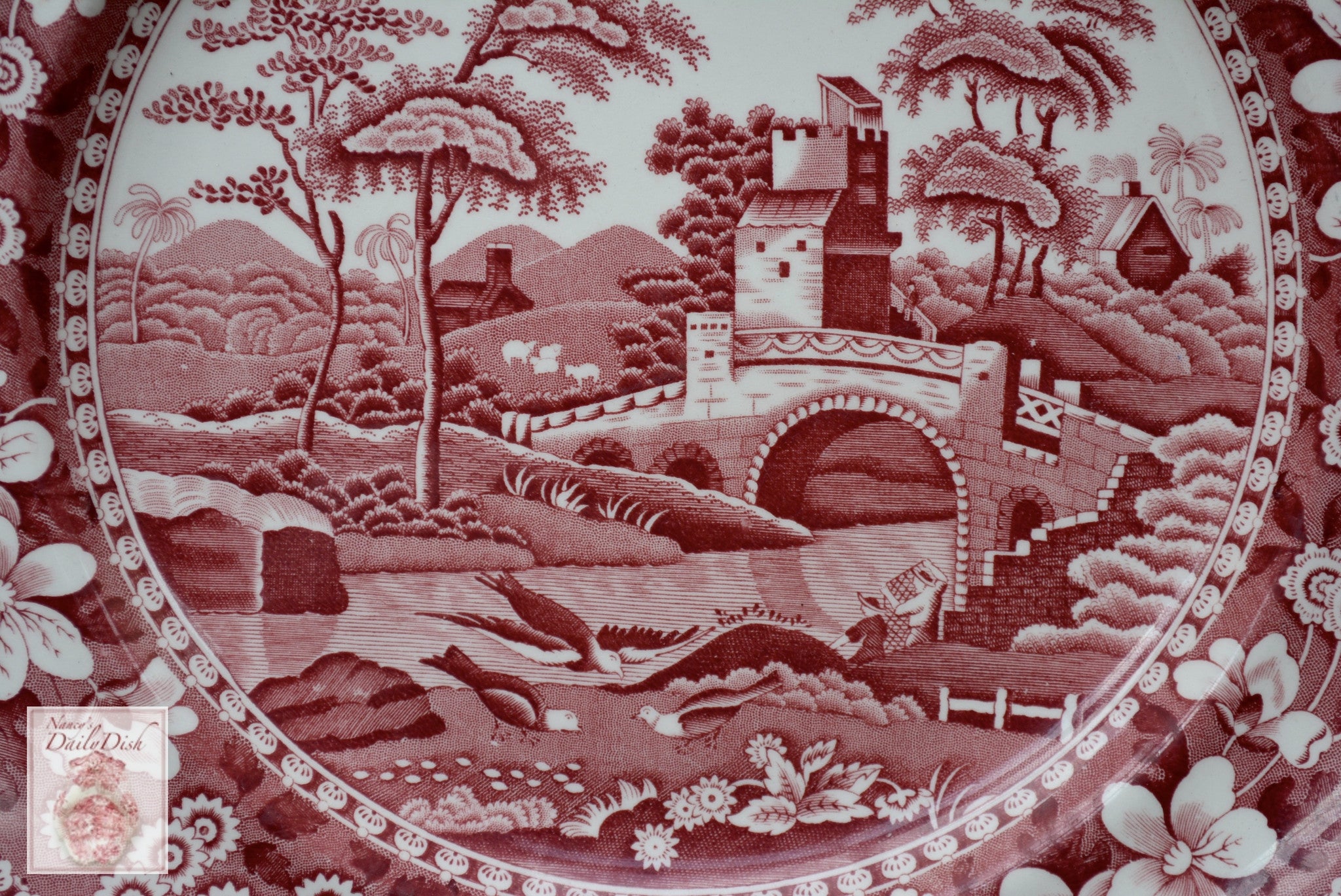 Vintage Red Transferware Luncheon Plate Spode Copeland Tower Bridge Bi