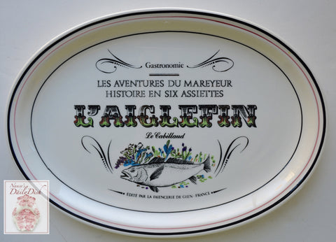 French Advertising Black Transferware Fish Platter L'Aiglefin Le Cabillaud Gastronomie