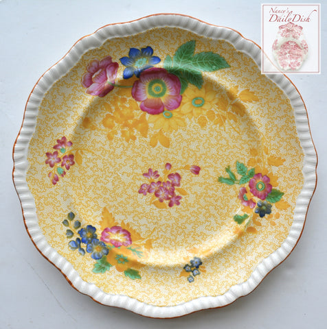 Spode Copeland Yellow Transferware Polychrome Flowers Charger or Dinner Plate