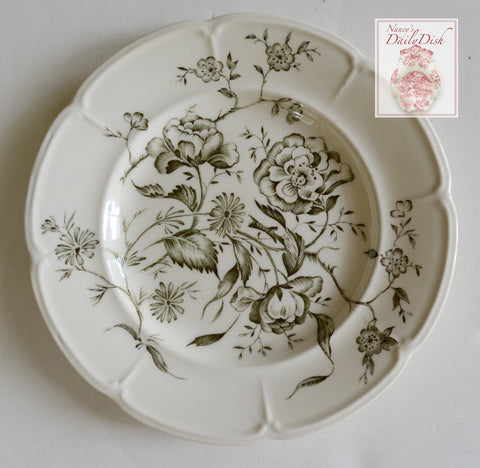 Vintage Green Transferware Plate Botanicals Antique Roses Daisies Carnations
