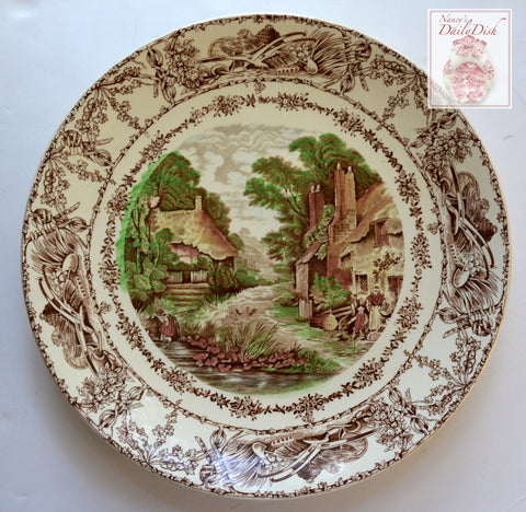 Brown Handpainted Transferware Platter Charger Tray Rural Scenes Thatched Cottage Mother Children Bee Skep