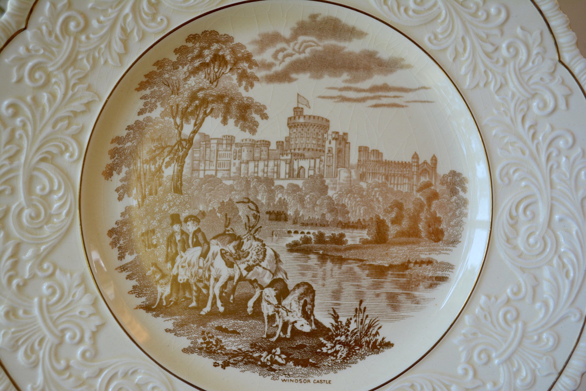 Vintage Gold English Transferware Charger Round Platter Embossed Borde