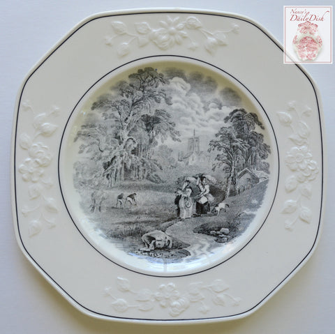 Antique Gathering Hay English Country Transferware Black Square Plate Embossed Floral Border