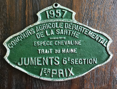 Vintage Equestrian GREEN French Country Juments Trait du Maine Horse 1 PRIX Award Plaque 1957