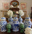 Designer Pair Large 15” Blue & White Elephant Chinoiserie Prunus Temple Jars w/ Gold Finials
