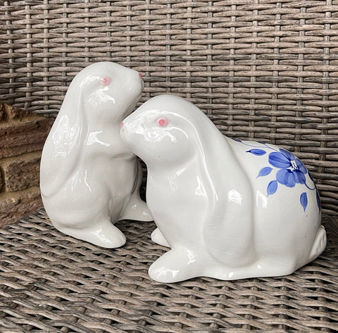 Vintage Pair of Blue & White Floral Hand Painted  Rabbit Figurines