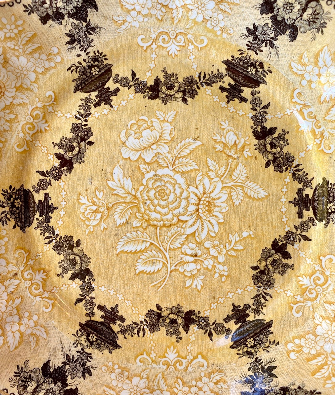 Feisoon Pattern 1835 Bi Color Yellow Transferware Handled Plate Etruscan Festoon Ridgw