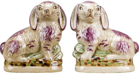 Pair Lavender Spotted English Staffordshire Rabbit Figurines  - English Country Decor