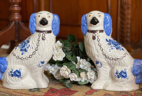 Vintage Pair Blue Transfer Floral Chintz English Staffordshire Dogs