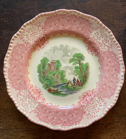Antique English Polychrome Pink / Red Transferware Scenic Plate Royal Doulton Chatham 9"