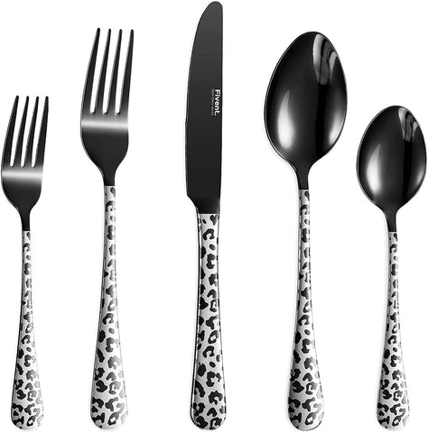 Animal / Cheetah / Leopard Flatware Service for 8 - 40 piece set - Black Stainless Cutlery