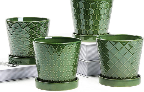 4 ceramic flower pots Set of Four (4) Different Majolica Glaze Green Ceramic Flower Pot Planters & Saucers