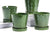 Set of Four (4) Different Majolica Glaze Green Ceramic Flower Pot Planters & Saucers