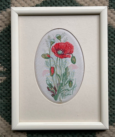 Vintage English Woven Silk Red Poppy Flowers Matted in Cream Frame