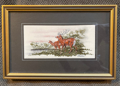 Vintage English Woven Silk Red 🦌 Deer / Stag Matted & Gold Frame