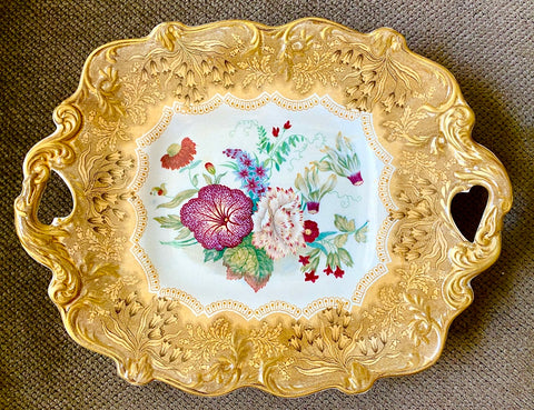 Antique Pratt Golden Yellow Transferware Footed Handled Compote Country French Botanical Floral Bouquet Peonies Cornflower Phlox
