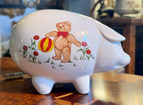 Vintage Mason’s English Ironstone Figural Pig Piggy Bank W/ Teddy Bear 🧸 Motif