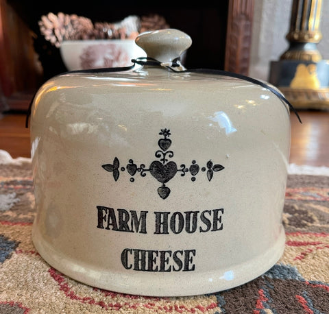Vintage English Black Transfer Printed " Farm House Cheese " Covered Cheese Bell / Dome Transferware Advertising