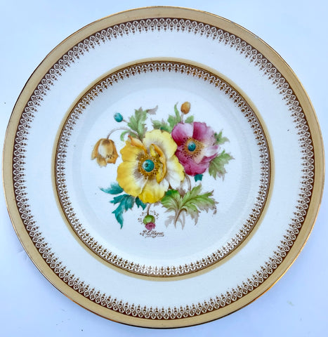 Pale Yellow Antique Signed Hand Painted Pink Poppies Transferware Plate English