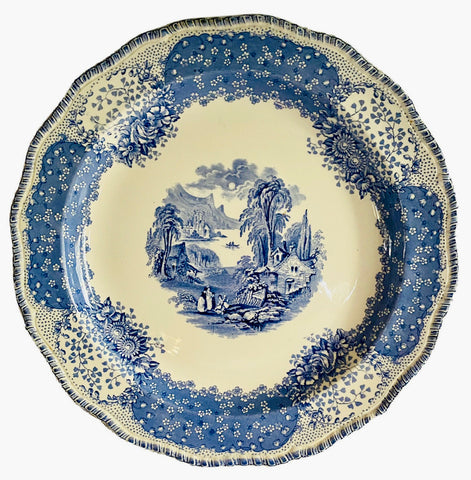 Blue English Victorian Pastoral Cottage Transferware Scenic Chop Plate Charger Round Serving Tray Royal Doulton Chatham