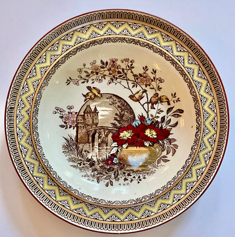 Wedgwood Aesthetic Brown Transferware Soup/Salad Bowl or Plate Birds on a Branch Vase of Flowers Castle