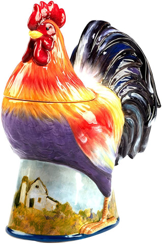 Farmhouse Pastoral Cottage Scene Hand Painted Figural Rooster Canister or Cookie Jar